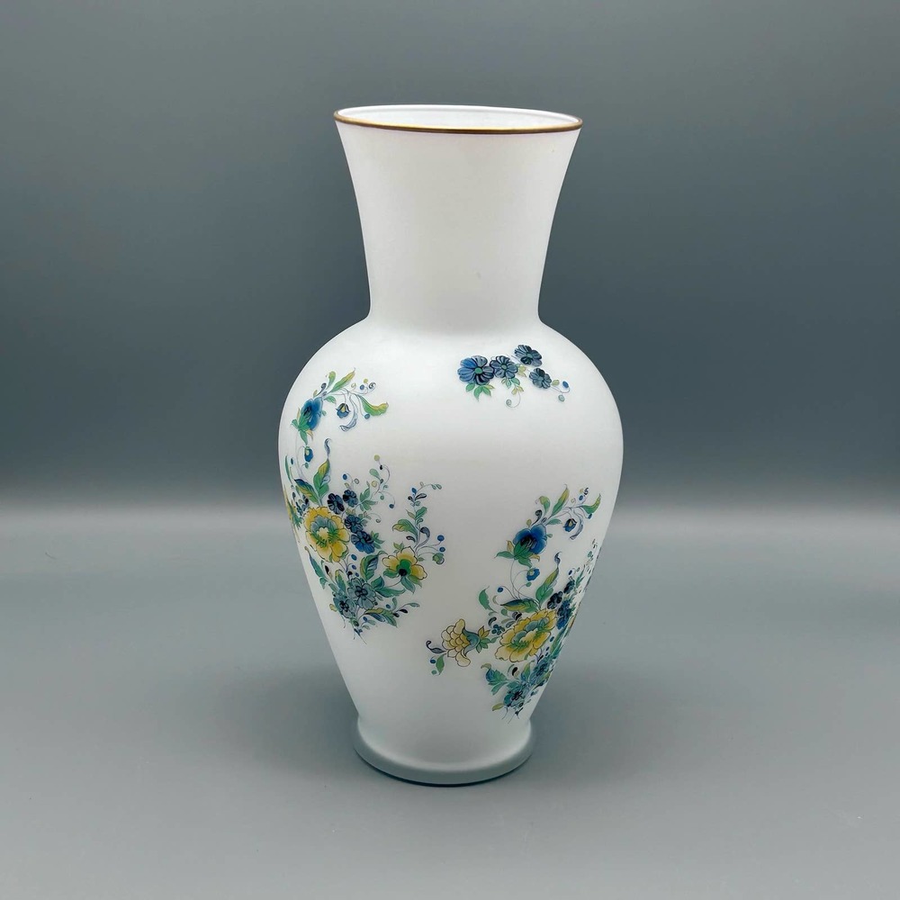 Vintage Frosted White Cased Blue and Yellow Floral Glass Vase 11”